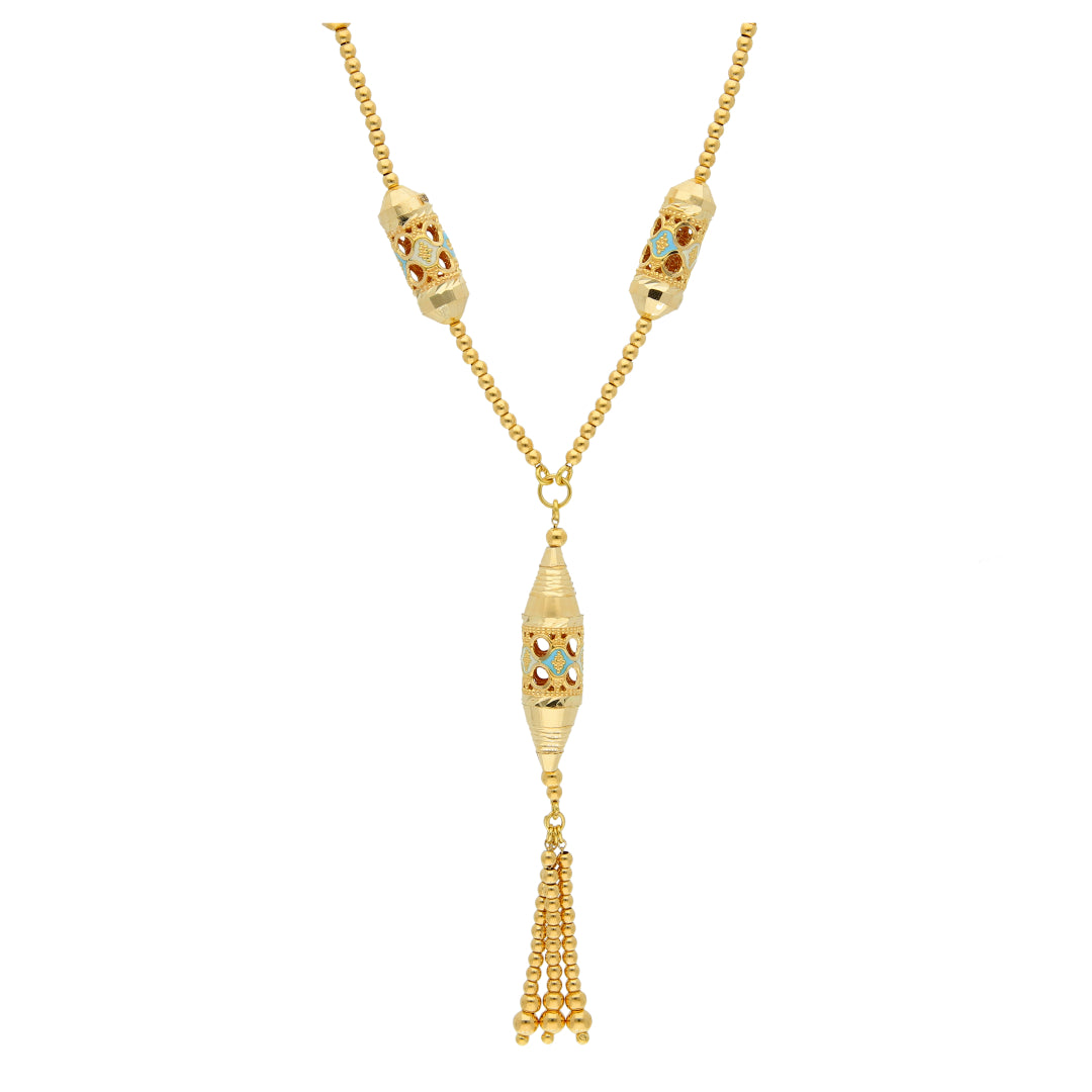 Gold Barrel Bead Tassel Drop Necklace 21KT - FKJNKL21KM10375