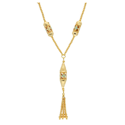 Gold Barrel Bead Tassel Drop Necklace 21KT - FKJNKL21KM10375