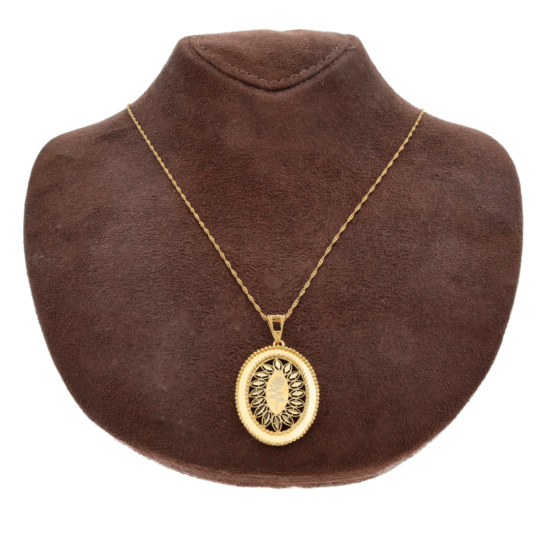 Gold Rose Engraved & Cutwork Oval Pendant With Chain 21KT - FKJNKL21KM10890