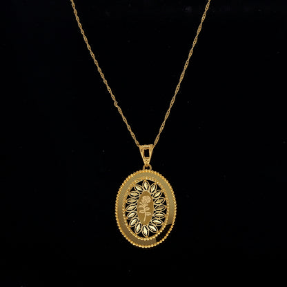 Gold Rose Engraved & Cutwork Oval Pendant With Chain 21KT - FKJNKL21KM10890