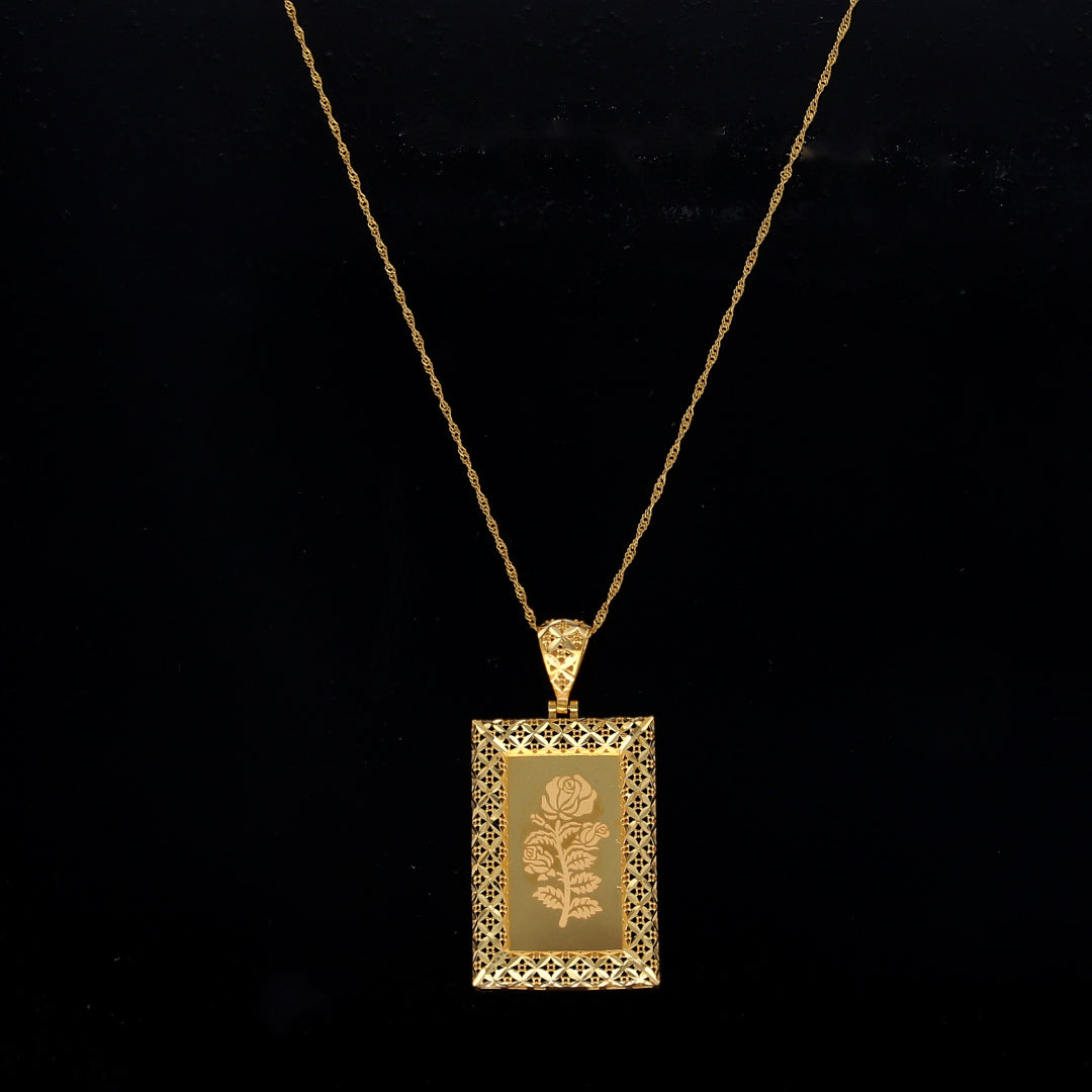 Gold Rose Engraved & Cutwork Bar Pendant With Chain 21KT - FKJNKL21KM10892