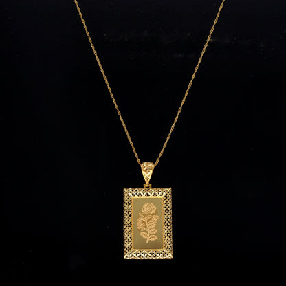 Gold Rose Engraved & Cutwork Bar Pendant With Chain 21KT - FKJNKL21KM10892