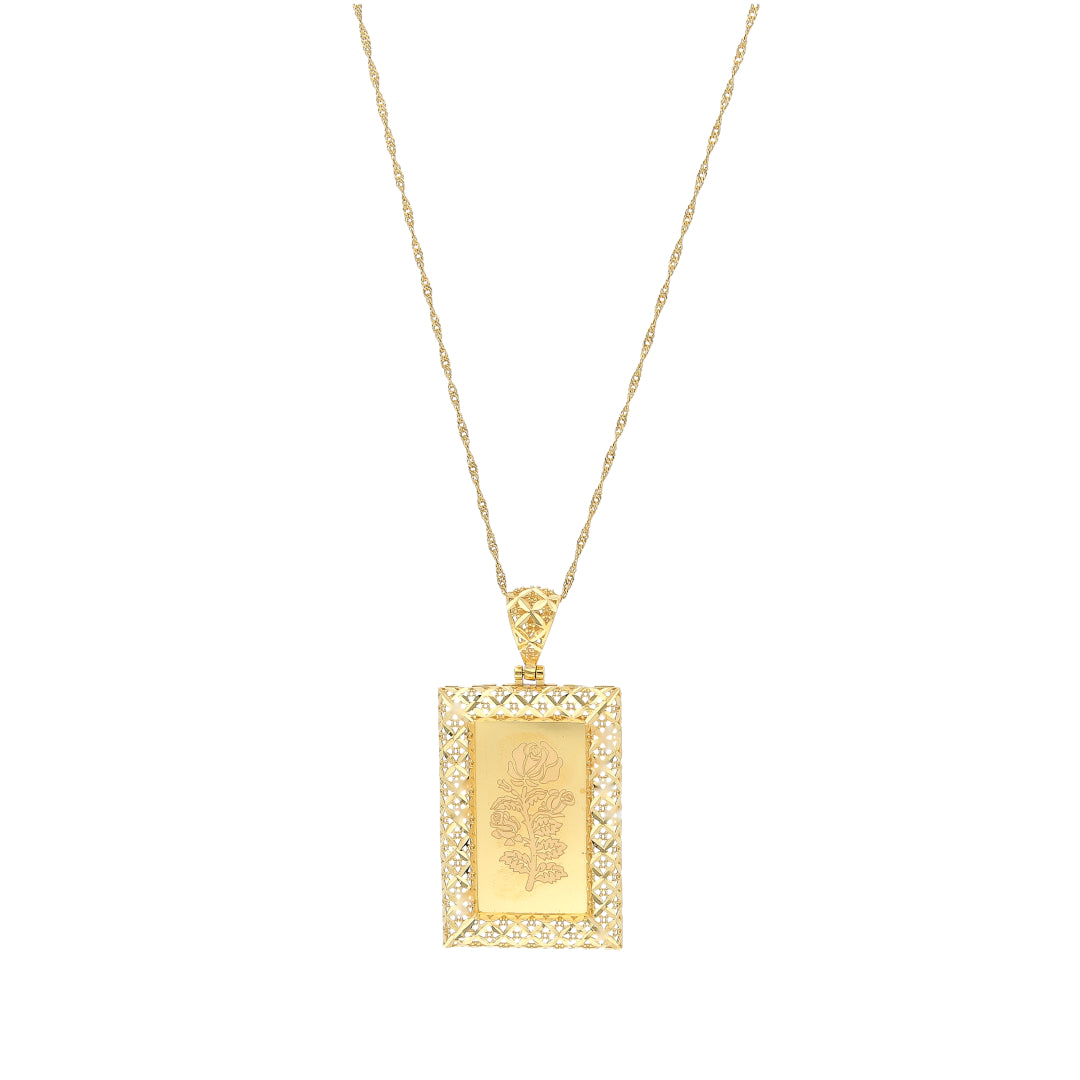 Gold Rose Engraved & Cutwork Bar Pendant With Chain 21KT - FKJNKL21KM10892