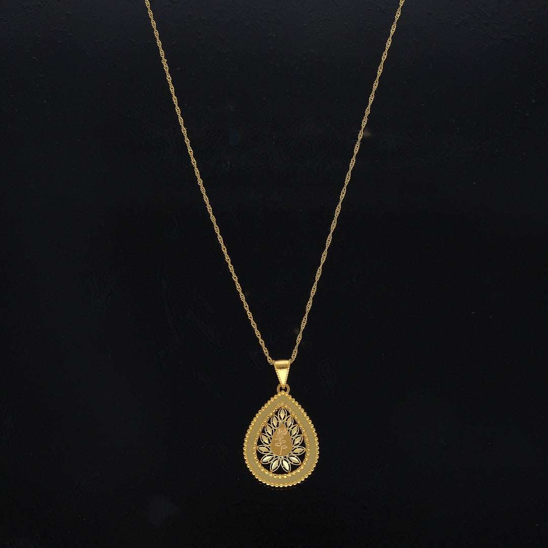 Gold Rose Engraved & Cutwork Teardrop Pendant With Chain 21KT - FKJNKL21KM10894