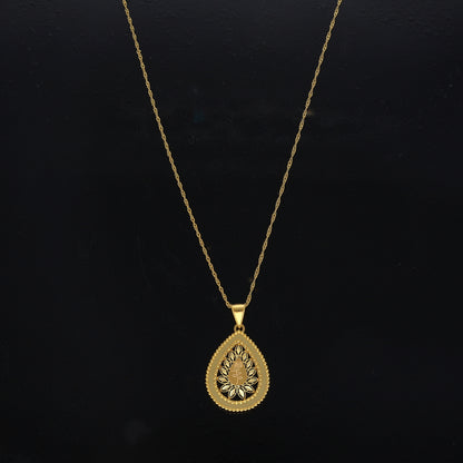 Gold Rose Engraved & Cutwork Teardrop Pendant With Chain 21KT - FKJNKL21KM10894
