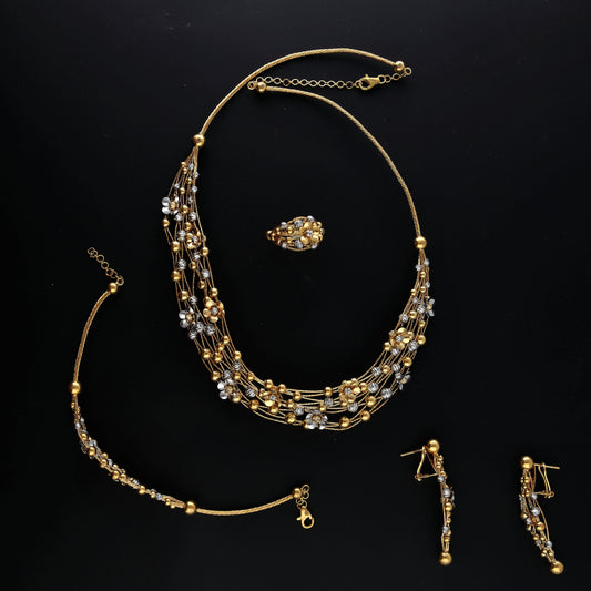 Gold Beaded Necklace Set (Necklace, Bracelet, Earrings and Ring) 21KT - FKJNKLST21KM10165