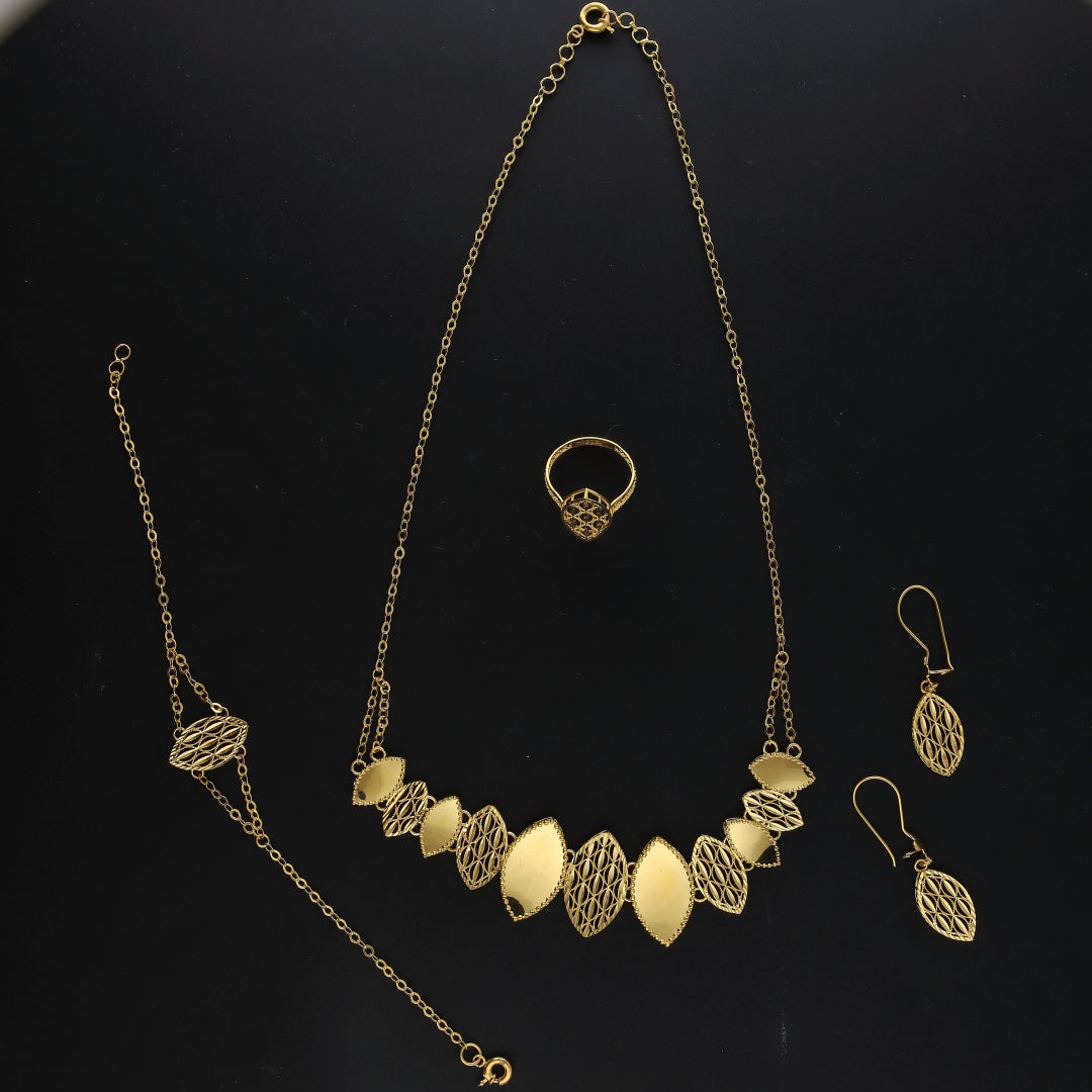 Gold Elegant Leaf Design Necklace Set (Necklace, Bracelet, Earrings and Ring) 21KT - FKJNKLST21KM10166