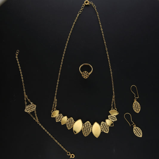 Gold Elegant Leaf Design Necklace Set (Necklace, Bracelet, Earrings and Ring) 21KT - FKJNKLST21KM10166