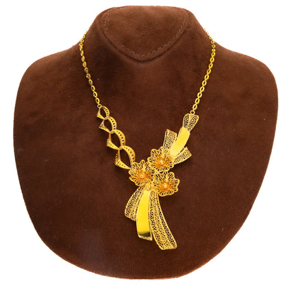 Gold Floral and Ribbon Fusion Necklace Set (Necklace, Bracelet, Earrings and Ring) 21KT - FKJNKLST21KM10168