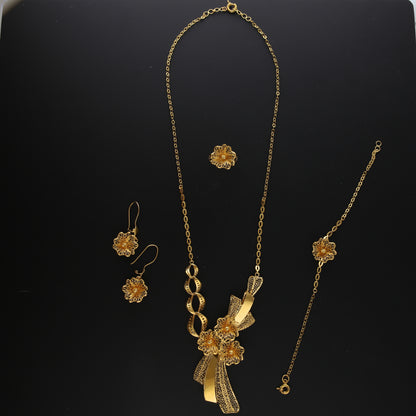 Gold Floral and Ribbon Fusion Necklace Set (Necklace, Bracelet, Earrings and Ring) 21KT - FKJNKLST21KM10168