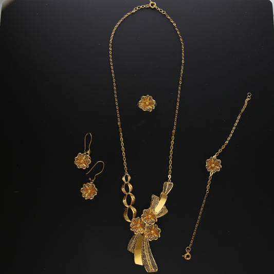 Gold Floral and Ribbon Fusion Necklace Set (Necklace, Bracelet, Earrings and Ring) 21KT - FKJNKLST21KM10168