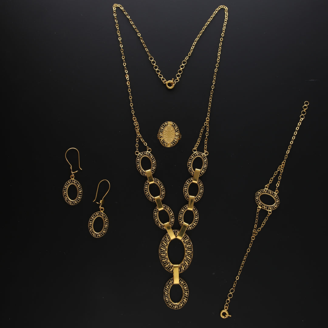 Gold Oval Shaped Hollow Necklace Set (Necklace, Bracelet, Earrings and Ring) 21KT - FKJNKLST21KM10169