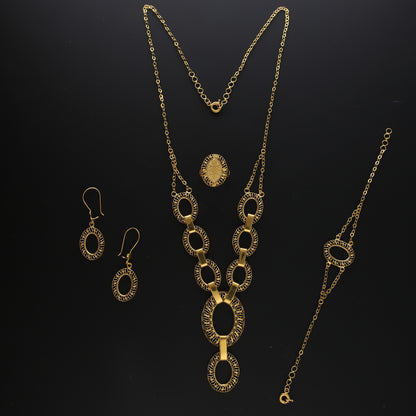 Gold Oval Shaped Hollow Necklace Set (Necklace, Bracelet, Earrings and Ring) 21KT - FKJNKLST21KM10169
