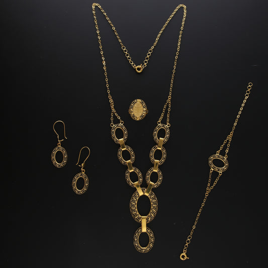 Gold Oval Shaped Hollow Necklace Set (Necklace, Bracelet, Earrings and Ring) 21KT - FKJNKLST21KM10169