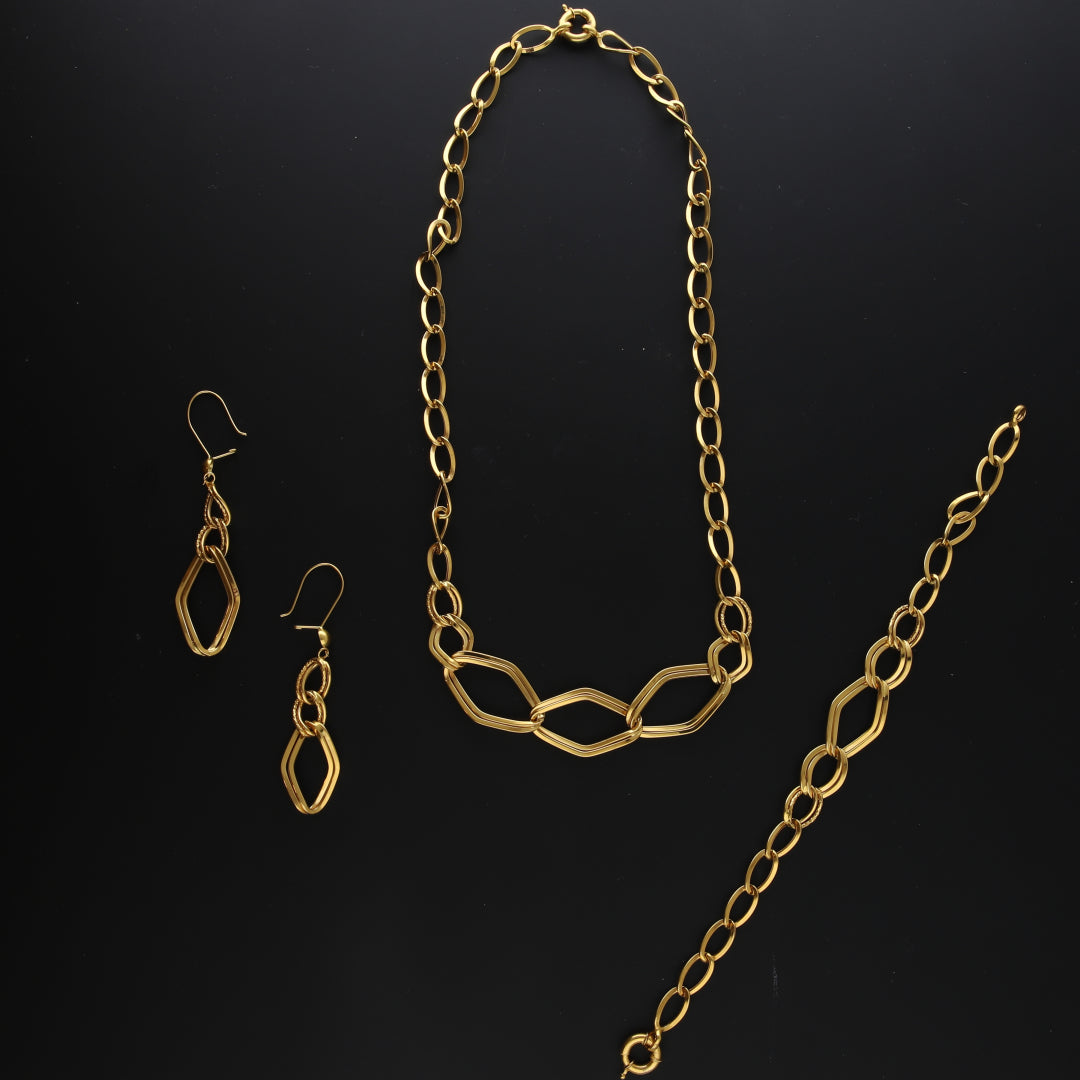 Gold Hexa-Link Necklace Set (Necklace, Bracelet and Earrings) 21KT - FKJNKLST21KM10170