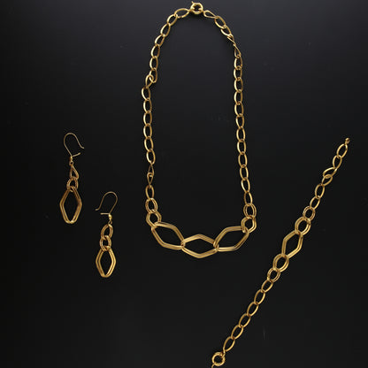 Gold Hexa-Link Necklace Set (Necklace, Bracelet and Earrings) 21KT - FKJNKLST21KM10170