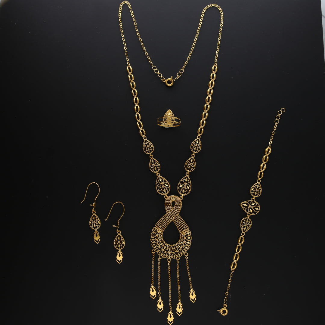 Gold Dangling Cascade Necklace Set (Necklace, Bracelet, Earrings and Ring) 21KT - FKJNKLST21KM10171