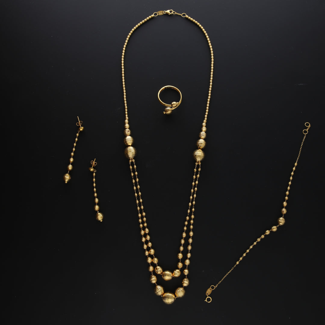 Gold Two-Layer Beaded Necklace Set (Necklace, Bracelet, Earrings and Ring) 21KT - FKJNKLST21KM10173