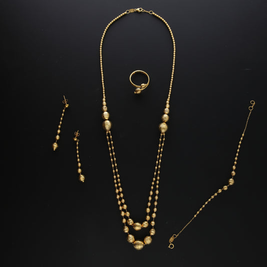 Gold Two-Layer Beaded Necklace Set (Necklace, Bracelet, Earrings and Ring) 21KT - FKJNKLST21KM10173