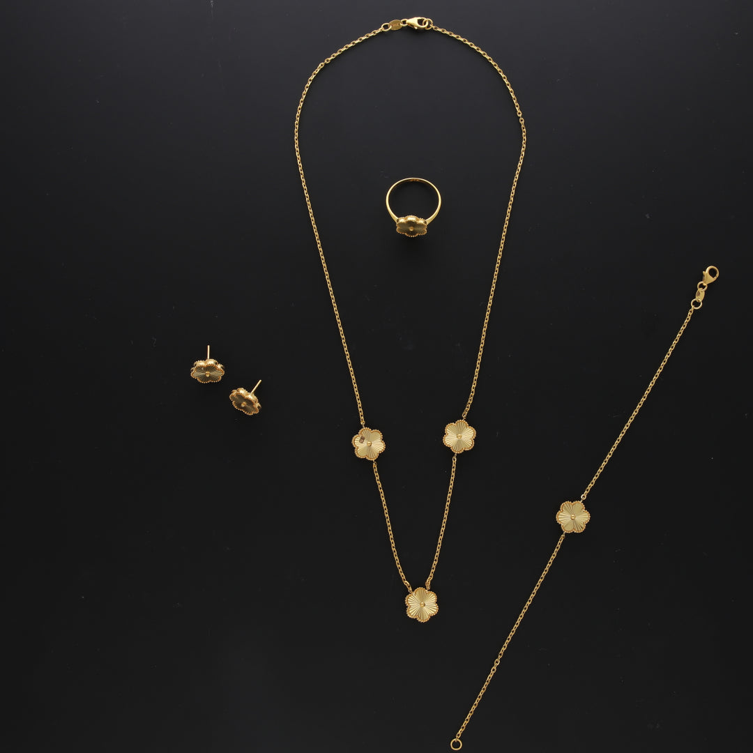 Gold Floral Charm Necklace Set (Necklace, Bracelet, Earrings and Ring) 21KT - FKJNKLST21KM10174