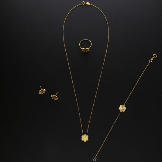 Gold Single Clover Necklace Set (Necklace, Bracelet, Earrings and Ring) 21KT - FKJNKLST21KM10175