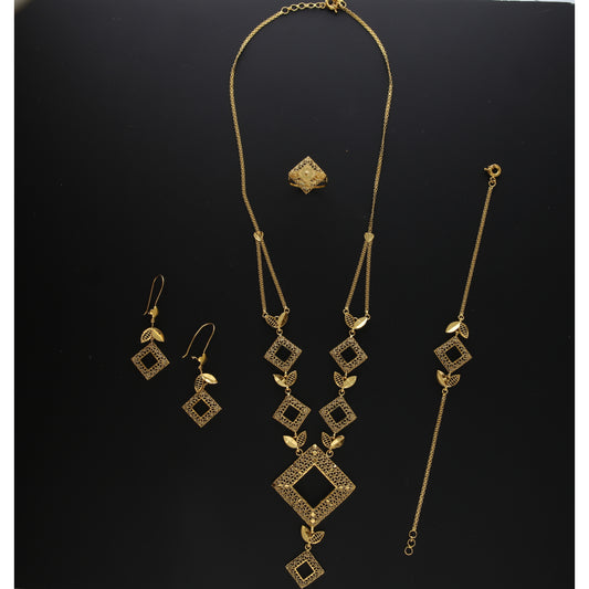 Gold Designer Geo Necklace Set (Necklace, Bracelet, Earrings and Ring) 21KT - FKJNKLST21KM10176