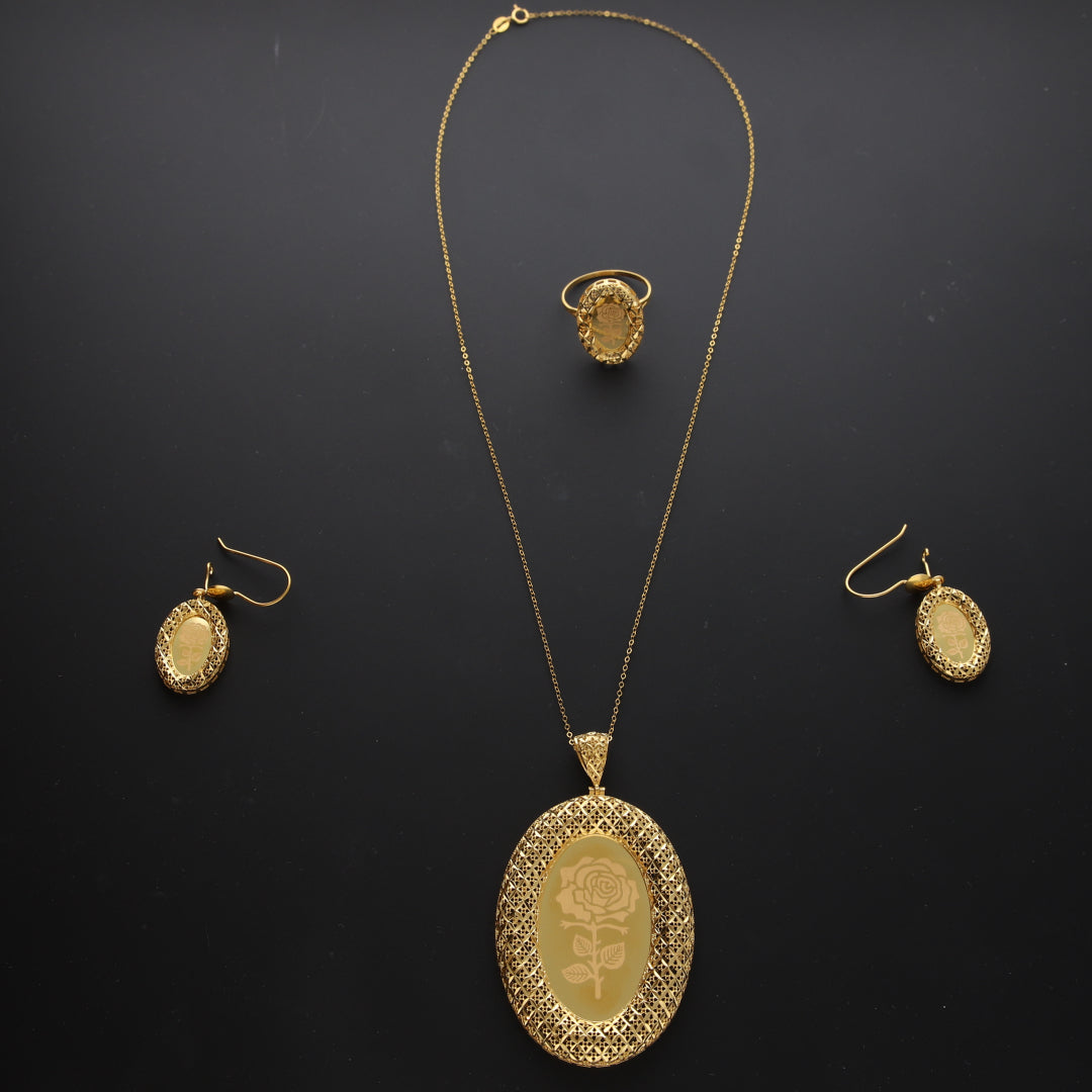 Gold Oval Shaped Rose Motif Necklace Set (Necklace, Earrings and Ring) 21KT - FKJNKLST21KM10212