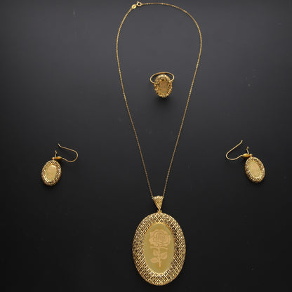 Gold Oval Shaped Rose Motif Necklace Set (Necklace, Earrings and Ring) 21KT - FKJNKLST21KM10212