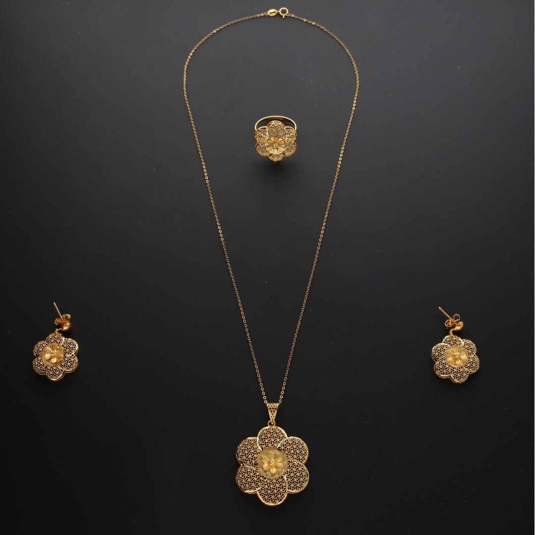 Gold Flower Shaped Filigree Necklace Set (Necklace, Earrings and Ring) 21KT - FKJNKLST21KM10213