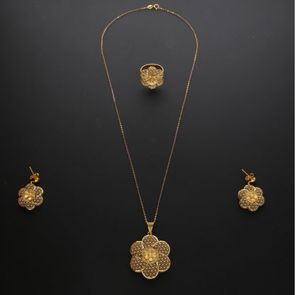 Gold Flower Shaped Filigree Necklace Set (Necklace, Earrings and Ring) 21KT - FKJNKLST21KM10213