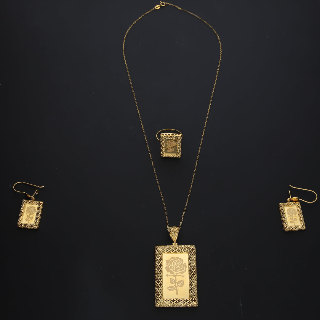 Gold Rose Frame Necklace Set (Necklace, Earrings and Ring) 21KT - FKJNKLST21KM10214
