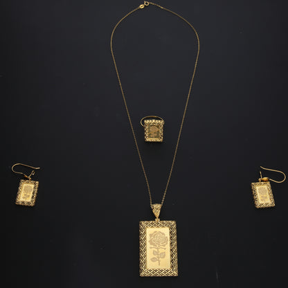 Gold Rose Frame Necklace Set (Necklace, Earrings and Ring) 21KT - FKJNKLST21KM10214