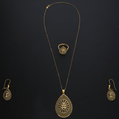 Gold Teardrop Filigree Necklace Set (Necklace, Earrings and Ring) 21KT - FKJNKLST21KM10215