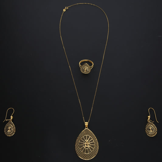 Gold Teardrop Filigree Necklace Set (Necklace, Earrings and Ring) 21KT - FKJNKLST21KM10215