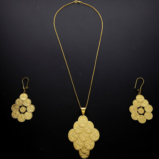 Gold Lira Layer Necklace Set (Necklace and Earrings) 21KT - FKJNKLST21KM10217