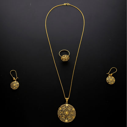 Gold Round Filigree Mandala Necklace Set (Necklace, Earrings and Ring) 21KT - FKJNKLST21KM10218
