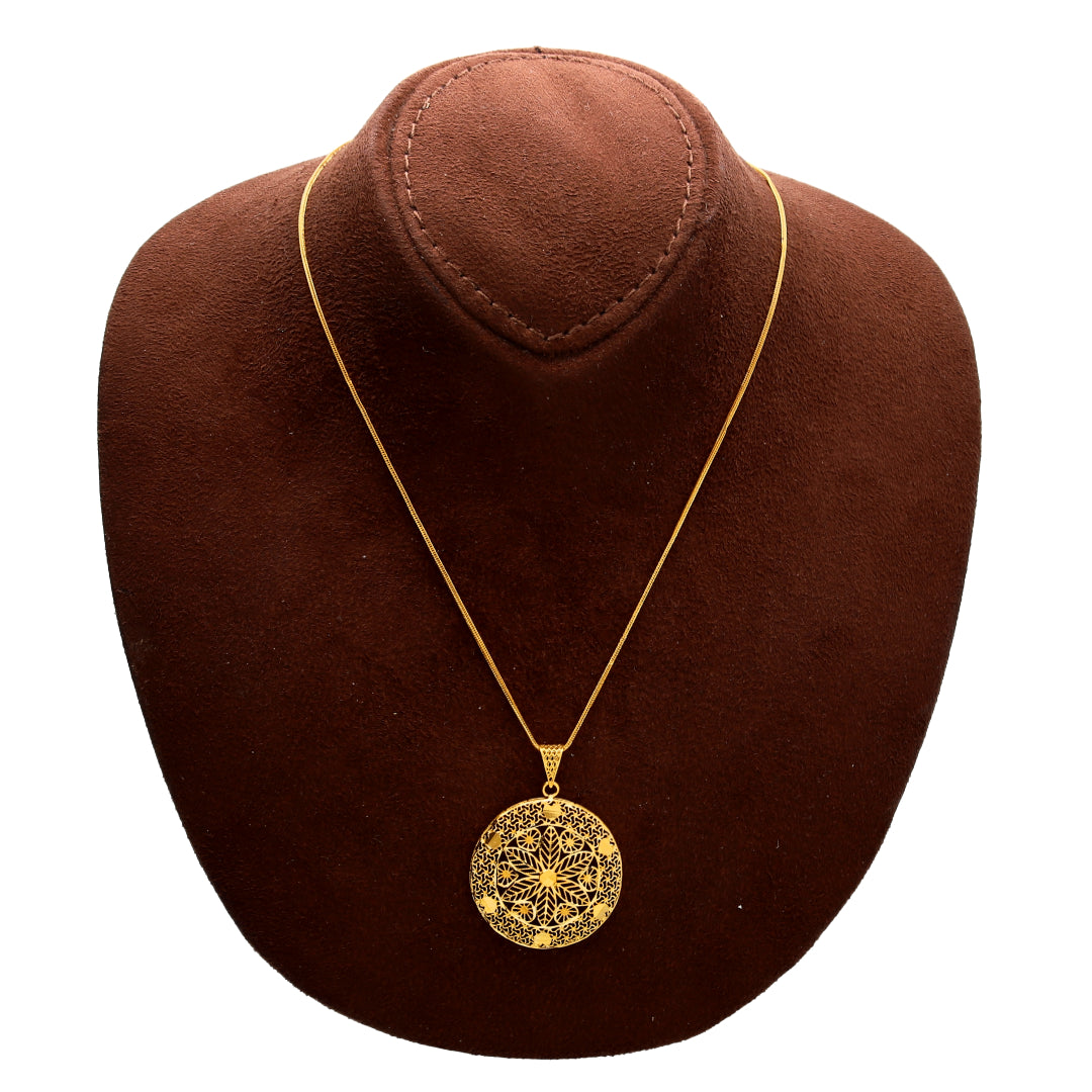 Gold Round Filigree Mandala Necklace Set (Necklace, Earrings and Ring) 21KT - FKJNKLST21KM10218