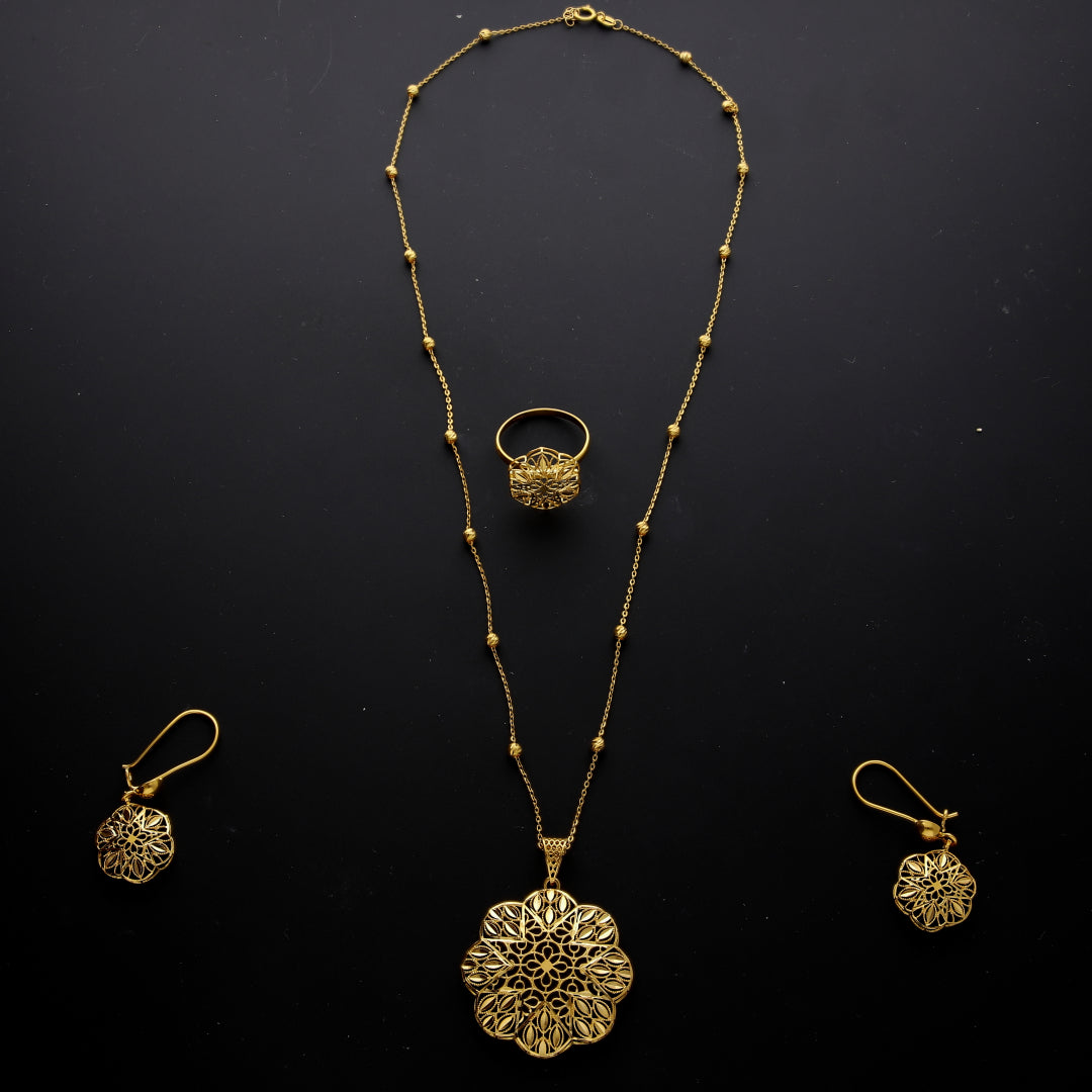 Gold Filigree Flower Necklace Set (Necklace, Earrings and Ring) 21KT - FKJNKLST21KM10219