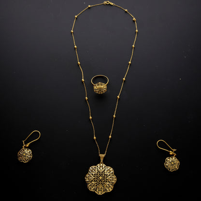 Gold Filigree Flower Necklace Set (Necklace, Earrings and Ring) 21KT - FKJNKLST21KM10219