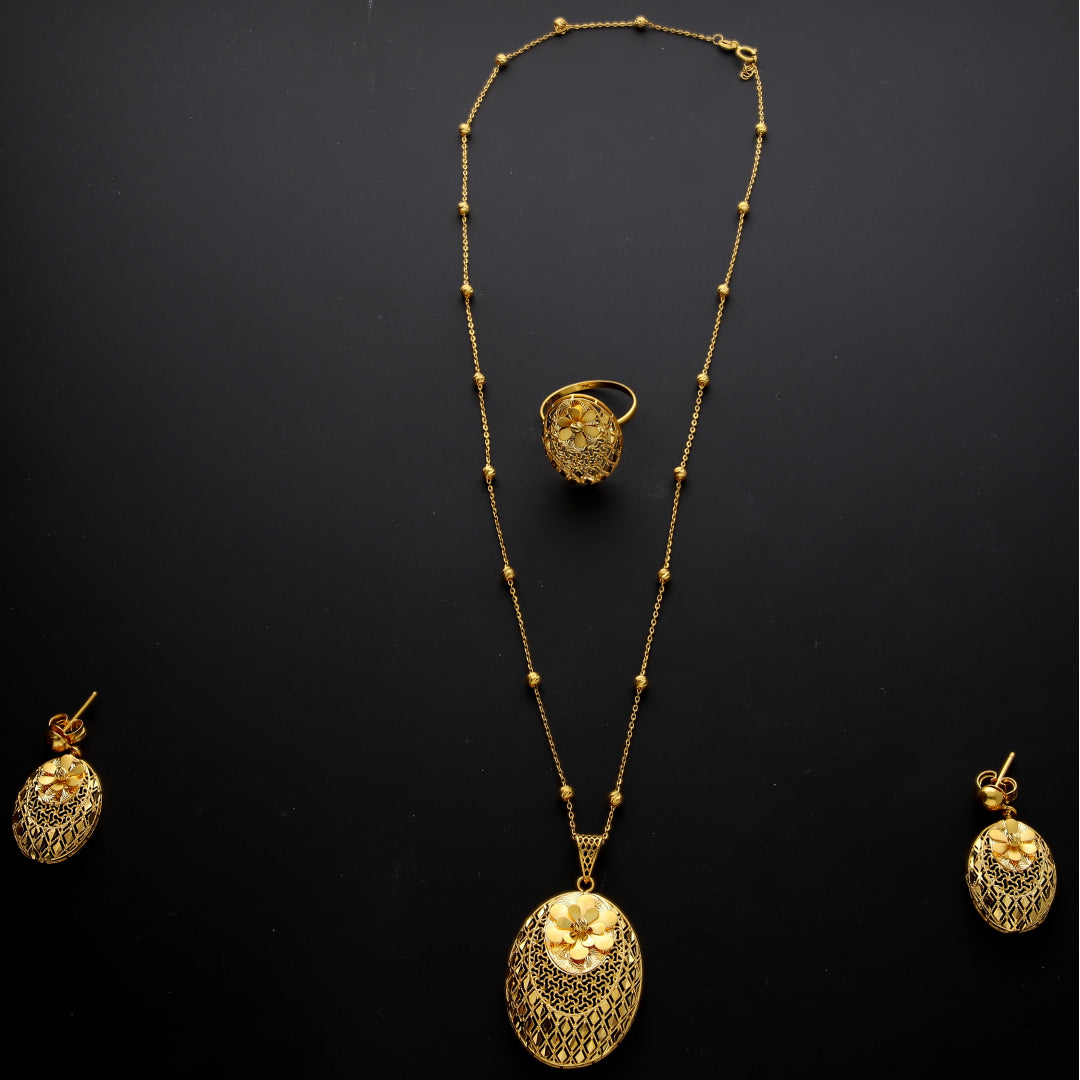 Gold Textured Floral Medallion Necklace Set (Necklace, Earrings and Ring) 21KT - FKJNKLST21KM10222
