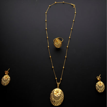 Gold Textured Floral Medallion Necklace Set (Necklace, Earrings and Ring) 21KT - FKJNKLST21KM10222