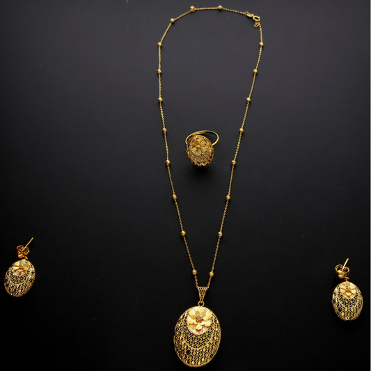 Gold Textured Floral Medallion Necklace Set (Necklace, Earrings and Ring) 21KT - FKJNKLST21KM10222