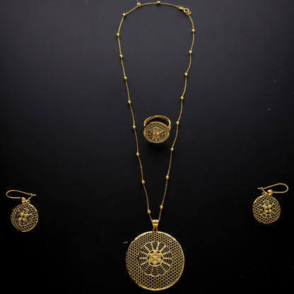 Gold Web Medallion Filigree Necklace Set (Necklace, Earrings and Ring) 21KT - FKJNKLST21KM10221