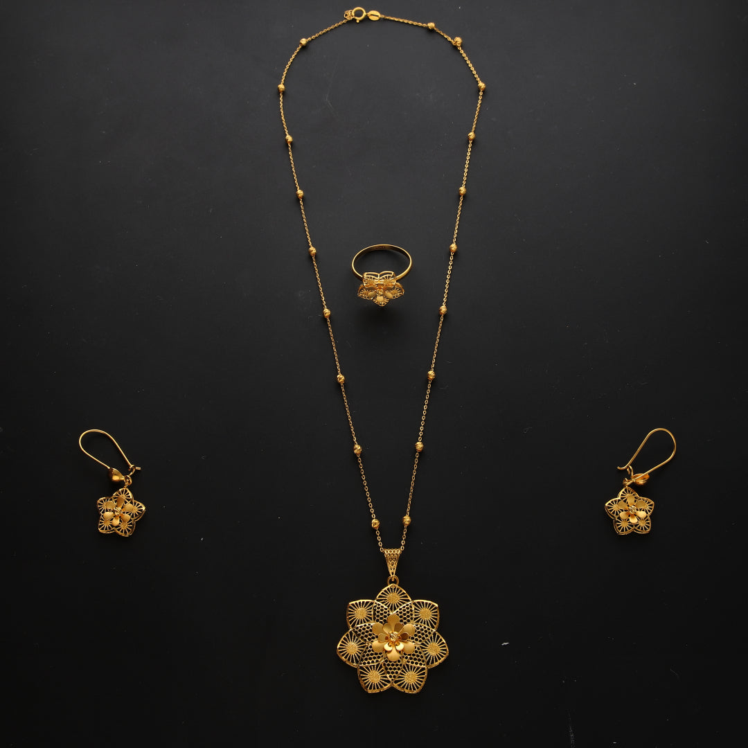 Gold Textured Filigree Flower Necklace Set (Necklace, Earrings and Ring) 21KT - FKJNKLST21KM10227