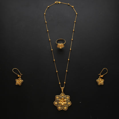 Gold Textured Filigree Flower Necklace Set (Necklace, Earrings and Ring) 21KT - FKJNKLST21KM10227