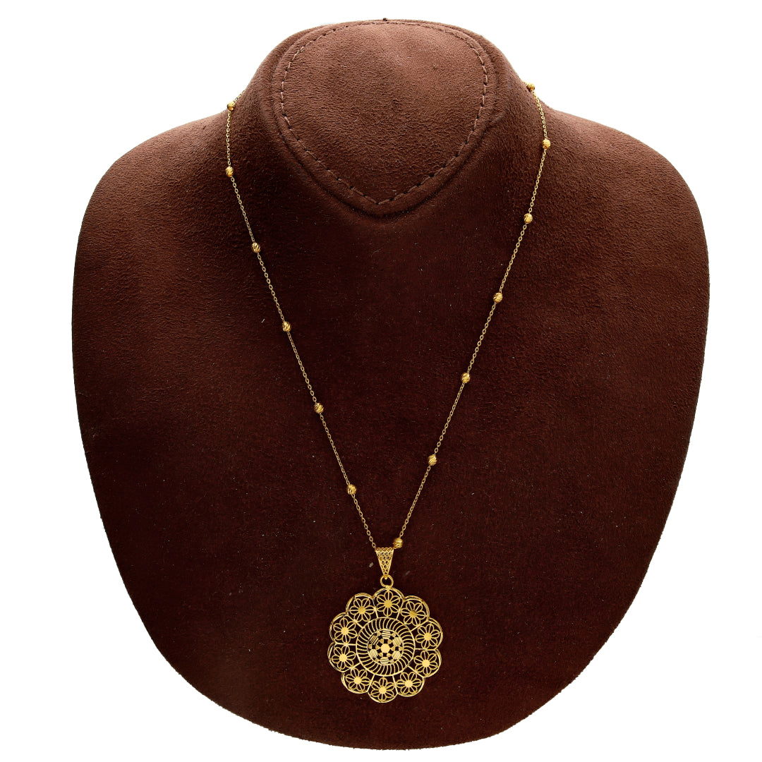 Gold Traditional Mandala Filigree Design Necklace Set (Necklace, Earrings and Ring) 21KT - FKJNKLST21KM10228
