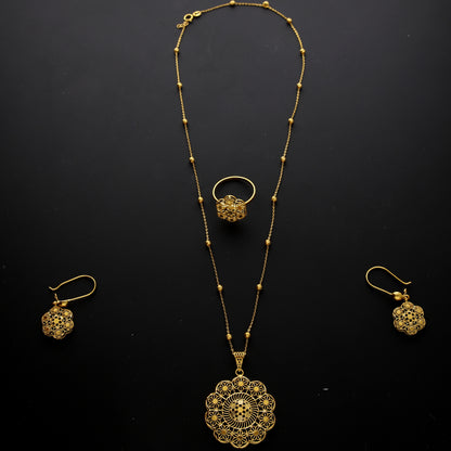 Gold Traditional Mandala Filigree Design Necklace Set (Necklace, Earrings and Ring) 21KT - FKJNKLST21KM10228