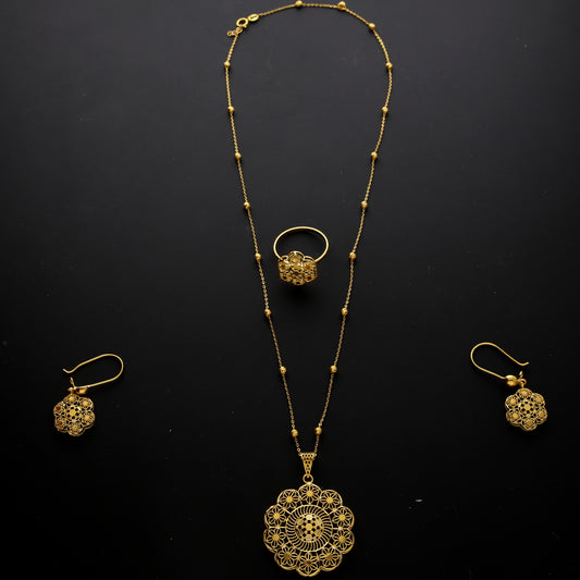 Gold Traditional Mandala Filigree Design Necklace Set (Necklace, Earrings and Ring) 21KT - FKJNKLST21KM10228