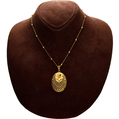 Gold Textured Floral Medallion Necklace Set (Necklace, Earrings and Ring) 21KT - FKJNKLST21KM10222