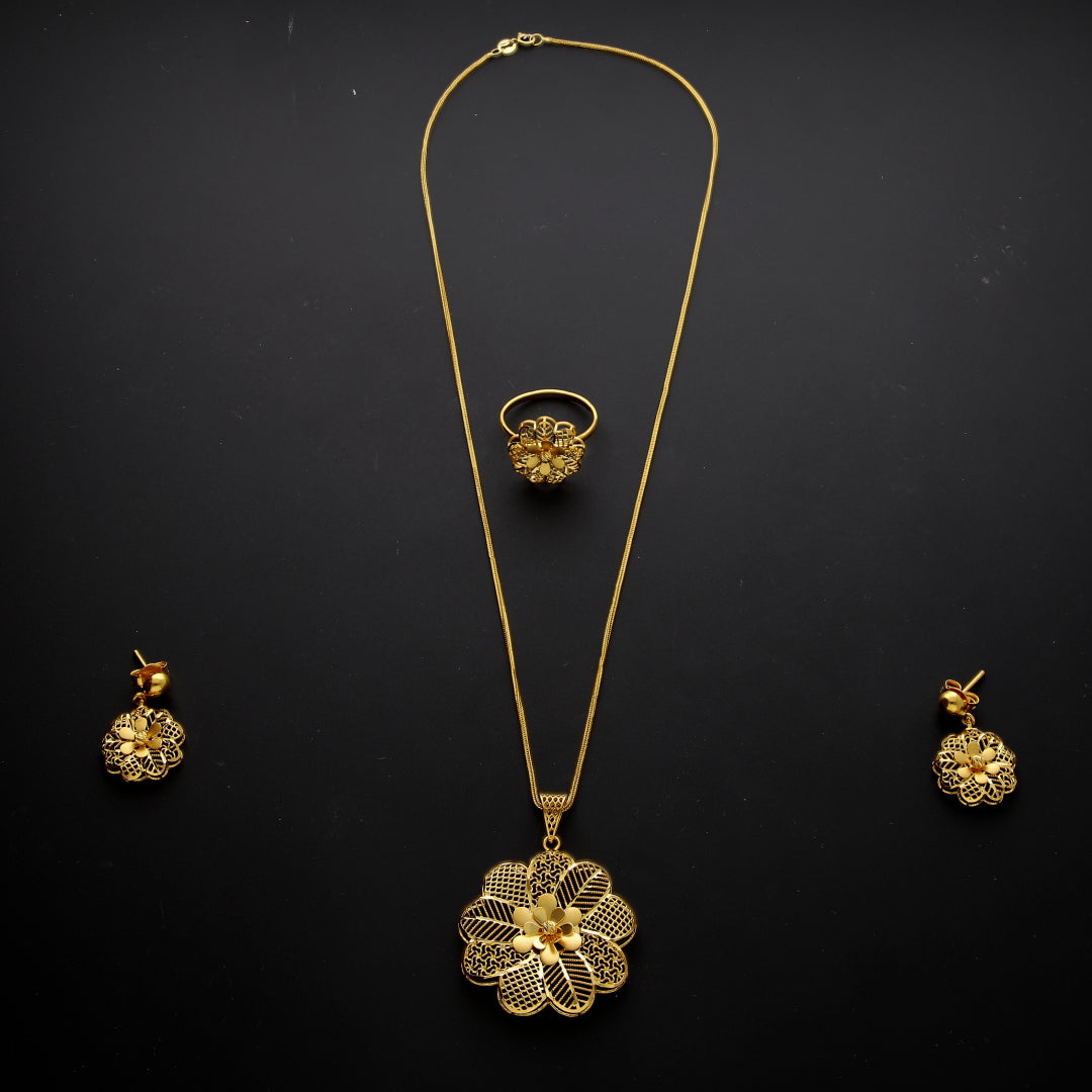 Gold Textured Floral Filigree Necklace Set (Necklace, Earrings and Ring) 21KT - FKJNKLST21KM10230
